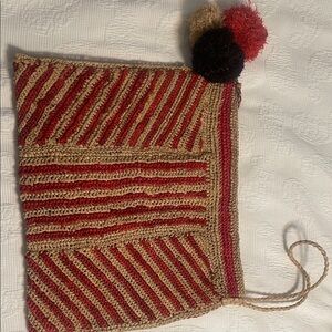 Boho Stripe Crochet Clutch in Red and Tan with Pom Pom Accent